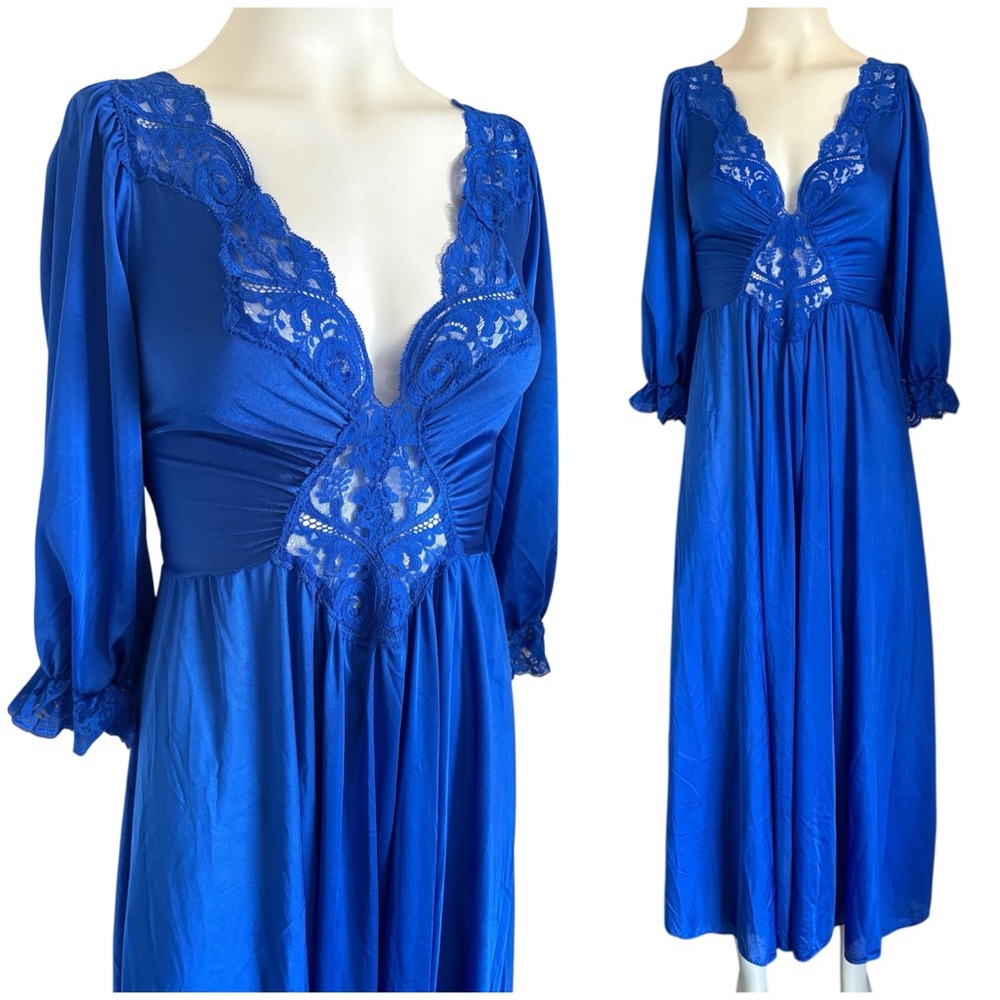 Vintage Olga Royal Blue Nylon Long Nightgown Lace Trim Deep V Puff Sleeve 92470